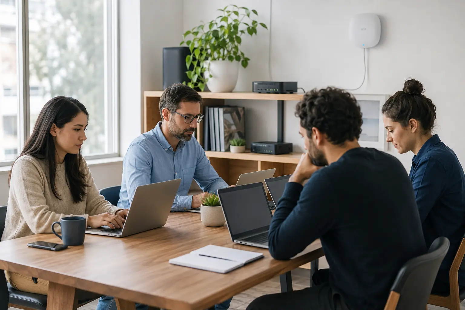 Equipo de una pequeña empresa trabajando con conectividad empresarial